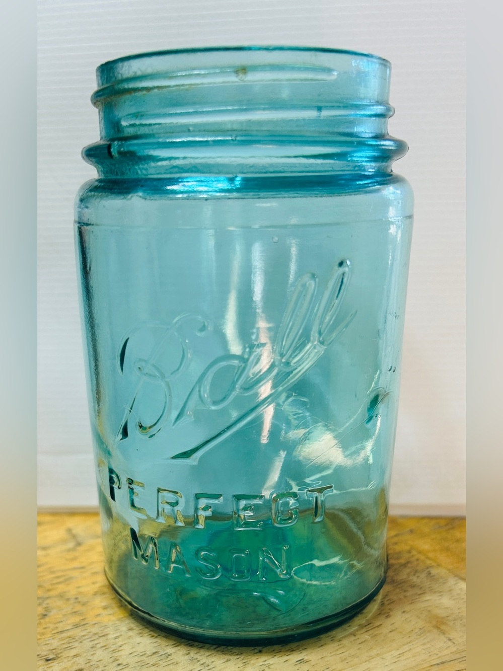 Antique blue Ball Perfect Mason jar, PINT, marked 4 & X on bottom. hand blown.